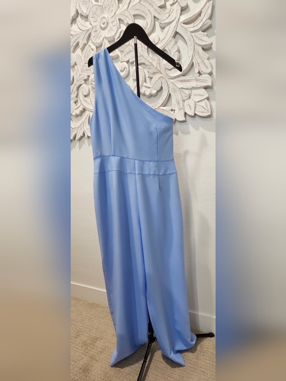 Asymmetrical Icy Blue One-Shoulder Jumpsuit w/Waist Tie Slit Legs Women's Sz 12 - Picture 4 of 12